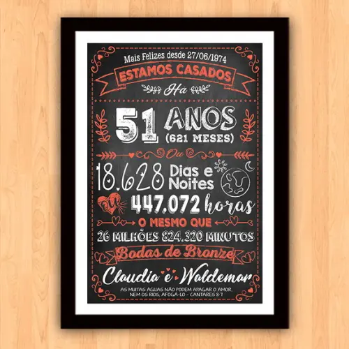 Quadro Poster Chalkboard Bodas Bronze 51 Anos 30x42cm