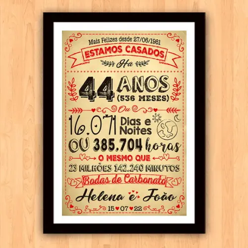Quadro Poster Chalkboard Bodas Carbonato 44 Anos A3 30x42cm