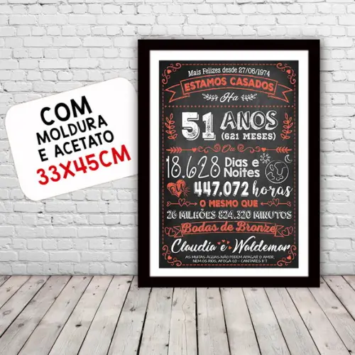 Quadro Poster Chalkboard Bodas Bronze 51 Anos 30x42cm