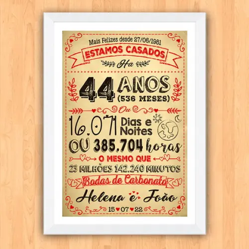 Quadro Poster Chalkboard Bodas Carbonato 44 Anos A3 30x42cm