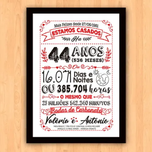 Quadro Poster Chalkboard Bodas Carbonato 44 Anos A3 30x42cm