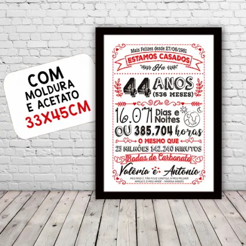 Quadro Poster Chalkboard Bodas Carbonato 44 Anos A3 30x42cm