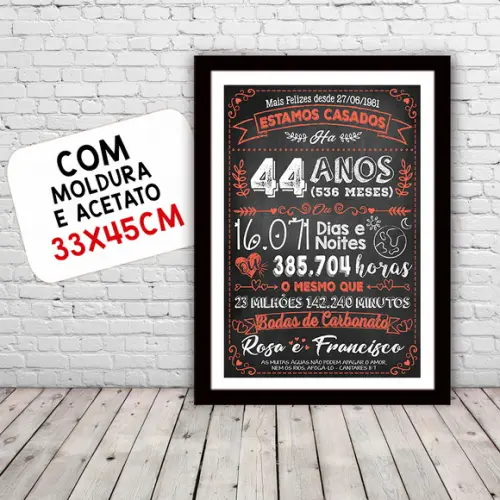 Quadro Poster Chalkboard Bodas Carbonato 44 Anos A3 30x42cm