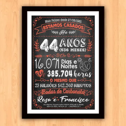 Quadro Poster Chalkboard Bodas Carbonato 44 Anos A3 30x42cm