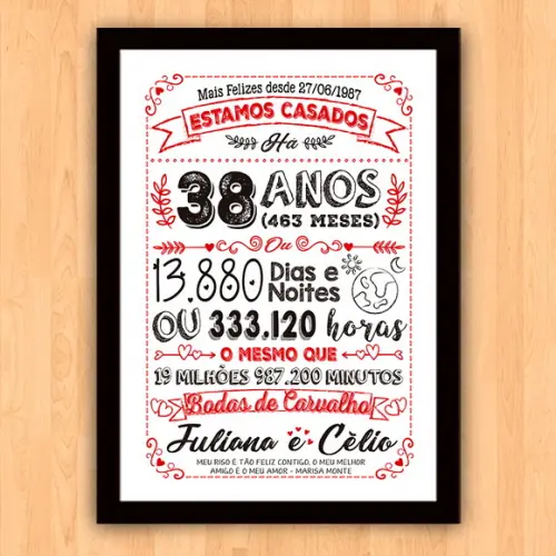 Quadro Poster Chalkboard Bodas Carvalho 38 Anos A3 30x42cm