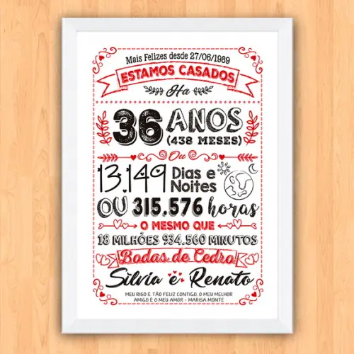 Quadro Poster Chalkboard Bodas Cedro 36 Anos A3 30x42cm