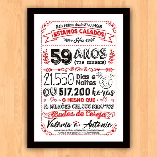 Quadro Poster Chalkboard Bodas Cereja 59 Anos 30x42cm
