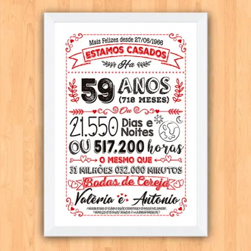 Quadro Poster Chalkboard Bodas Cereja 59 Anos 30x42cm
