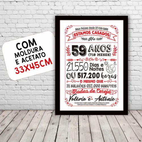 Quadro Poster Chalkboard Bodas Cereja 59 Anos 30x42cm