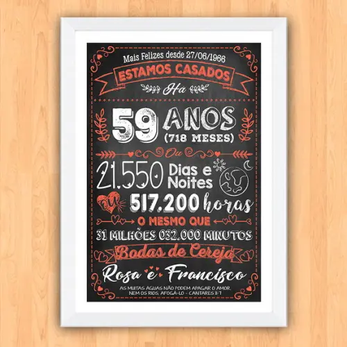 Quadro Poster Chalkboard Bodas Cereja 59 Anos 30x42cm