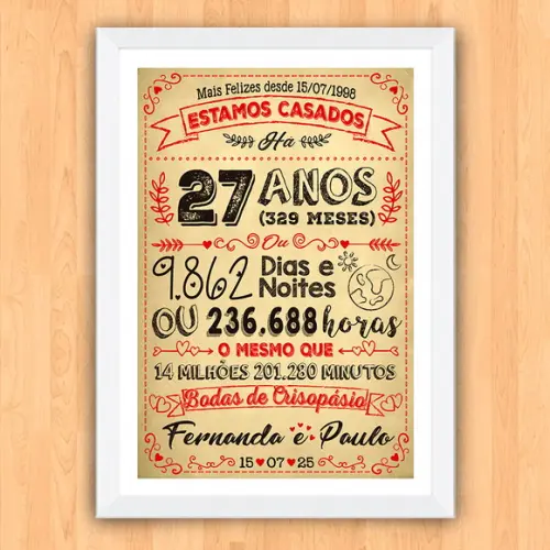 Quadro Poster Chalkboard Bodas Crisopásio 27 Anos 30x42cm