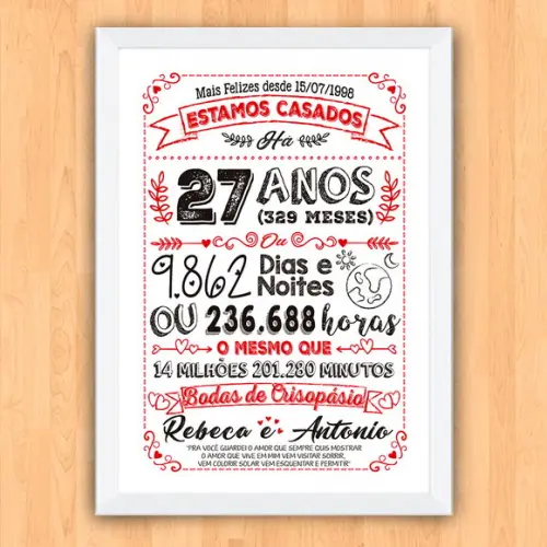 Quadro Poster Chalkboard Bodas Crisopásio 27 Anos 30x42cm