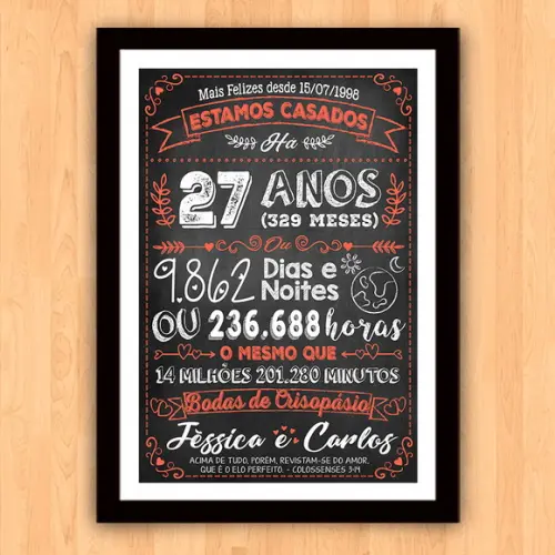 Quadro Poster Chalkboard Bodas Crisopásio 27 Anos 30x42cm