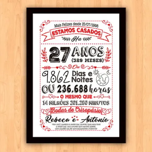 Quadro Poster Chalkboard Bodas Crisopásio 27 Anos 30x42cm