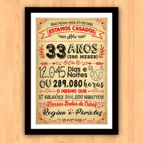 Quadro Poster Chalkboard Bodas Crizo 33 Anos A3 30x42cm