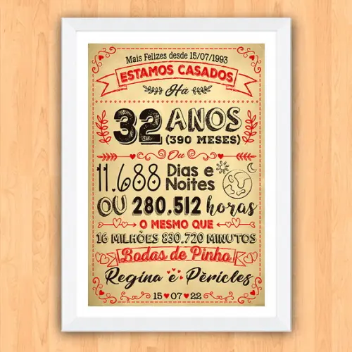 Quadro Poster Chalkboard Bodas Crizo 33 Anos A3 30x42cm