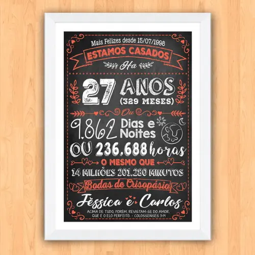 Quadro Poster Chalkboard Bodas Crisopásio 27 Anos 30x42cm