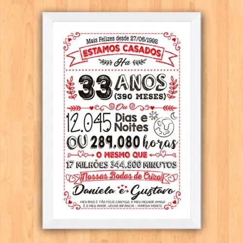 Quadro Poster Chalkboard Bodas Crizo 33 Anos A3 30x42cm