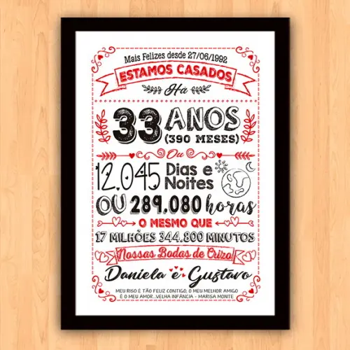 Quadro Poster Chalkboard Bodas Crizo 33 Anos A3 30x42cm