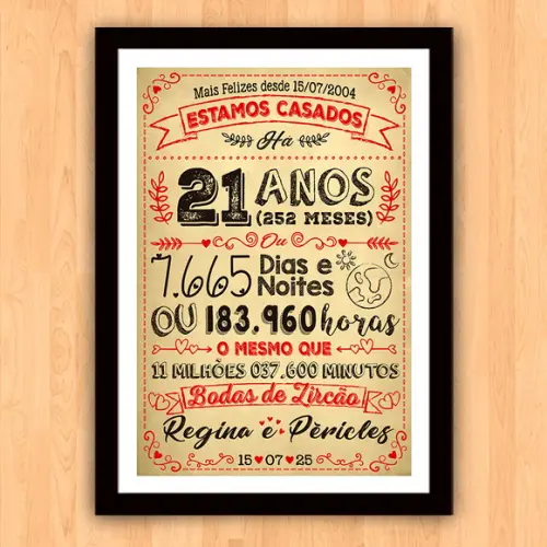 Quadro Poster Chalkboard Bodas de Zircão 21 Anos A3 30x42cm