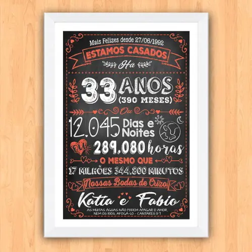 Quadro Poster Chalkboard Bodas Crizo 33 Anos A3 30x42cm