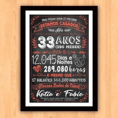 Quadro Poster Chalkboard Bodas Crizo 33 Anos A3 30x42cm