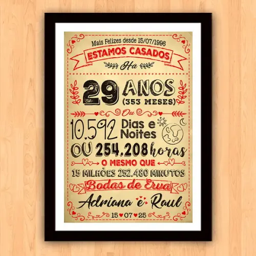 Quadro Poster Chalkboard Bodas Erva 29 Anos A3 30x42cm