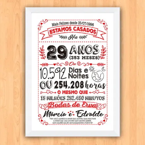 Quadro Poster Chalkboard Bodas Erva 29 Anos A3 30x42cm