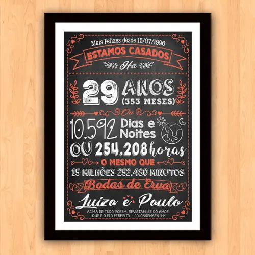 Quadro Poster Chalkboard Bodas Erva 29 Anos A3 30x42cm