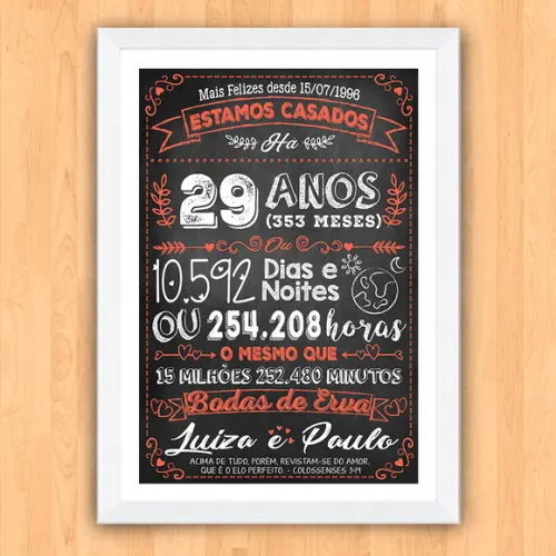 Quadro Poster Chalkboard Bodas Erva 29 Anos A3 30x42cm