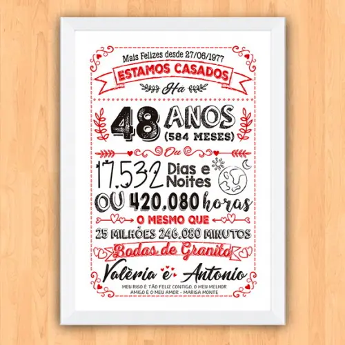 Quadro Poster Chalkboard Bodas Granito 48 Anos A3 30x42cm