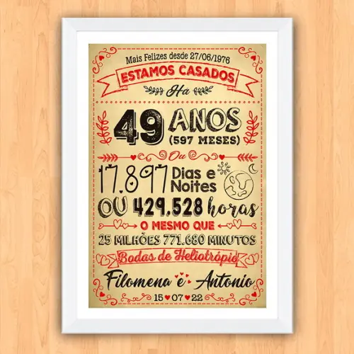Quadro Poster Chalkboard Bodas Heliotrópio 49 Anos 30x42cm