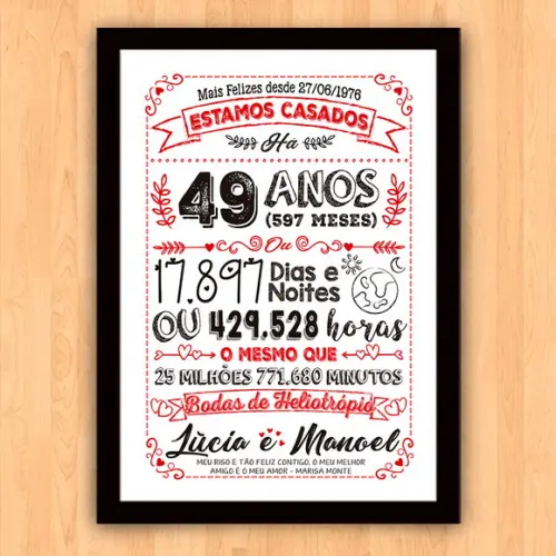 Quadro Poster Chalkboard Bodas Heliotrópio 49 Anos 30x42cm