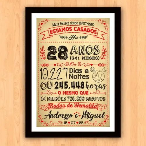 Quadro Poster Chalkboard Bodas Hematita 28 Anos 30x42cm