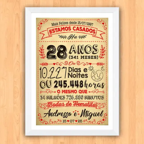 Quadro Poster Chalkboard Bodas Hematita 28 Anos 30x42cm