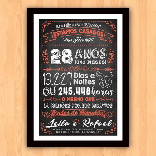 Quadro Poster Chalkboard Bodas Hematita 28 Anos 30x42cm