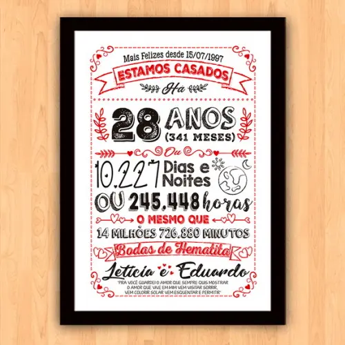 Quadro Poster Chalkboard Bodas Hematita 28 Anos 30x42cm