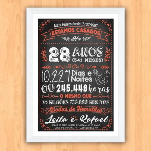 Quadro Poster Chalkboard Bodas Hematita 28 Anos 30x42cm