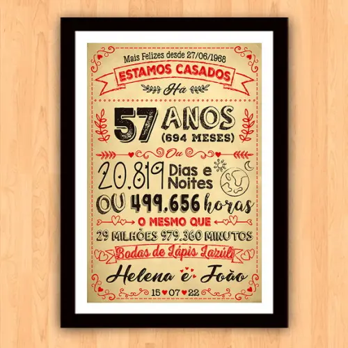 Quadro Poster Chalkboard Bodas Lápis Lazuli 57 Anos A3