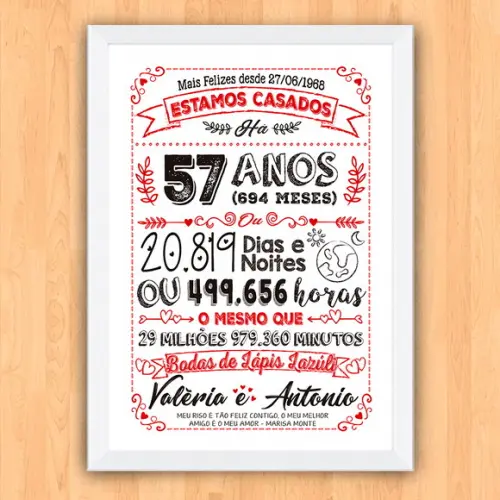 Quadro Poster Chalkboard Bodas Lápis Lazuli 57 Anos A3