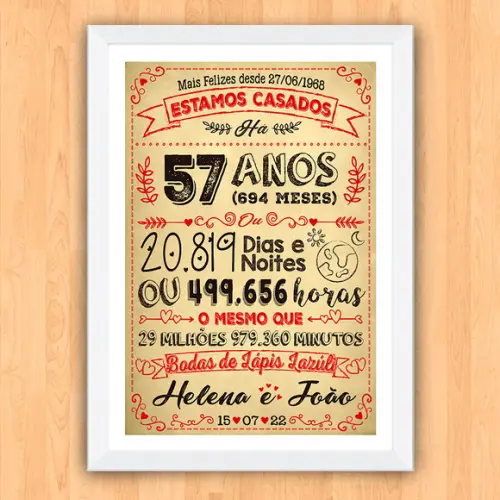 Quadro Poster Chalkboard Bodas Lápis Lazuli 57 Anos A3