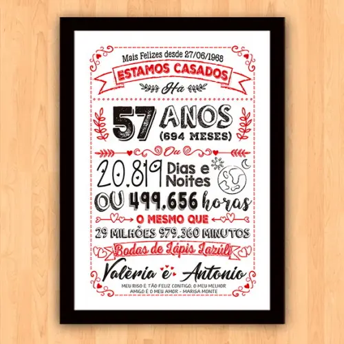 Quadro Poster Chalkboard Bodas Lápis Lazuli 57 Anos A3