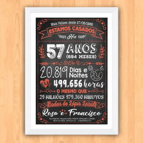 Quadro Poster Chalkboard Bodas Lápis Lazuli 57 Anos A3