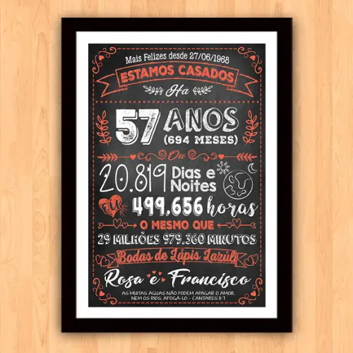Quadro Poster Chalkboard Bodas Lápis Lazuli 57 Anos A3
