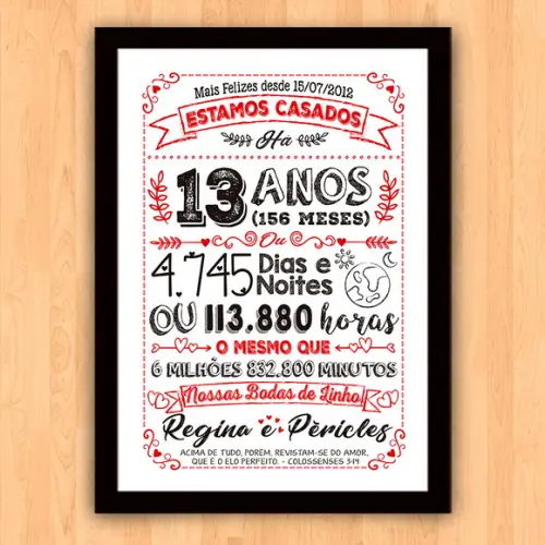 Quadro Poster Chalkboard Bodas Linho 13 Anos A3 30x42cm