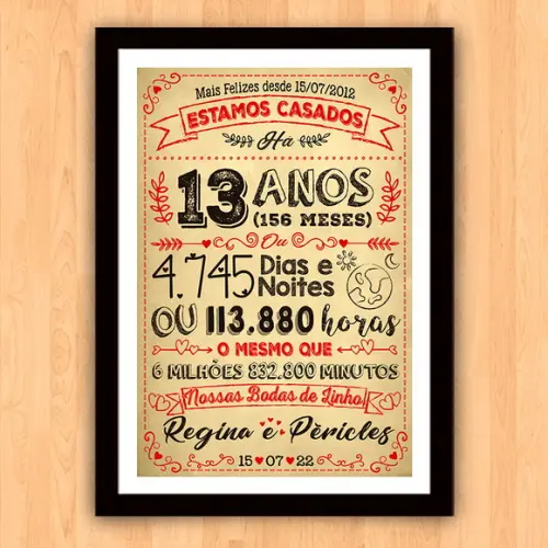 Quadro Poster Chalkboard Bodas Linho 13 Anos A3 30x42cm