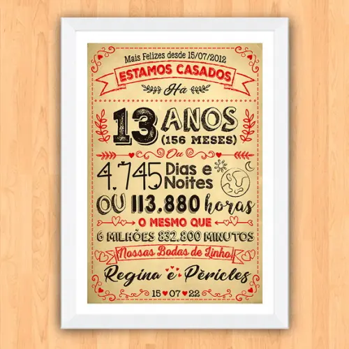 Quadro Poster Chalkboard Bodas Linho 13 Anos A3 30x42cm