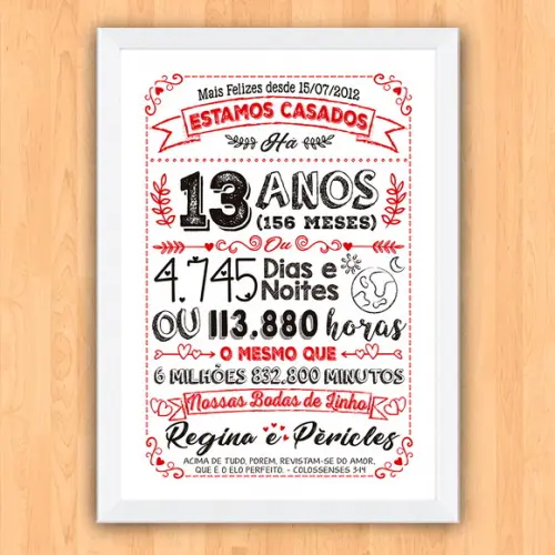 Quadro Poster Chalkboard Bodas Linho 13 Anos A3 30x42cm