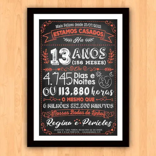 Quadro Poster Chalkboard Bodas Linho 13 Anos A3 30x42cm