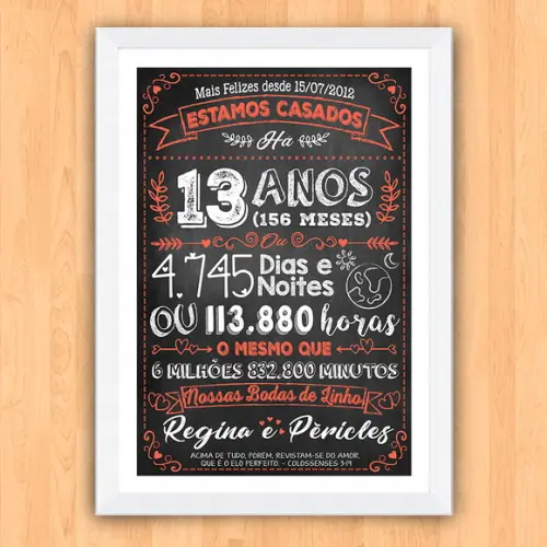 Quadro Poster Chalkboard Bodas Linho 13 Anos A3 30x42cm